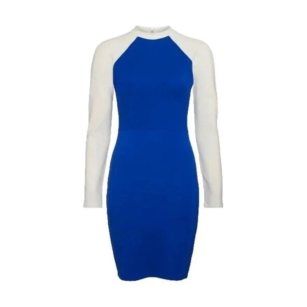 KAREN MILLEN Colour Block Zip Back Ponte Mini Dress Womens Size US 2 Blue White